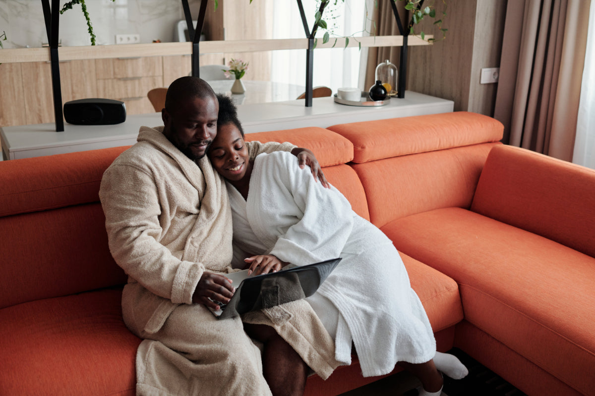 Couple in Robes On Sofa - Triangle Couch Collectors - Payment Plans